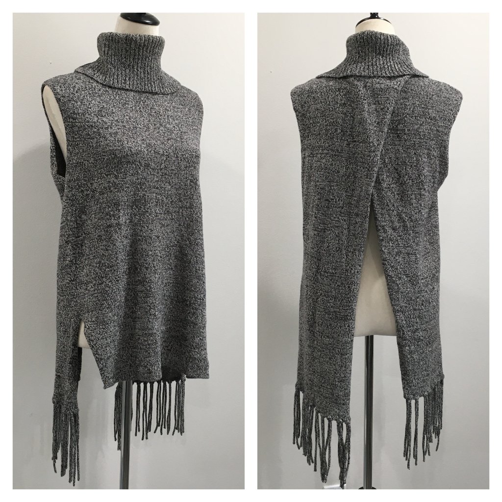 Bcbgeneration Gray Black Knit High Low Fringe Hem Open Back Turtleneck Sweater